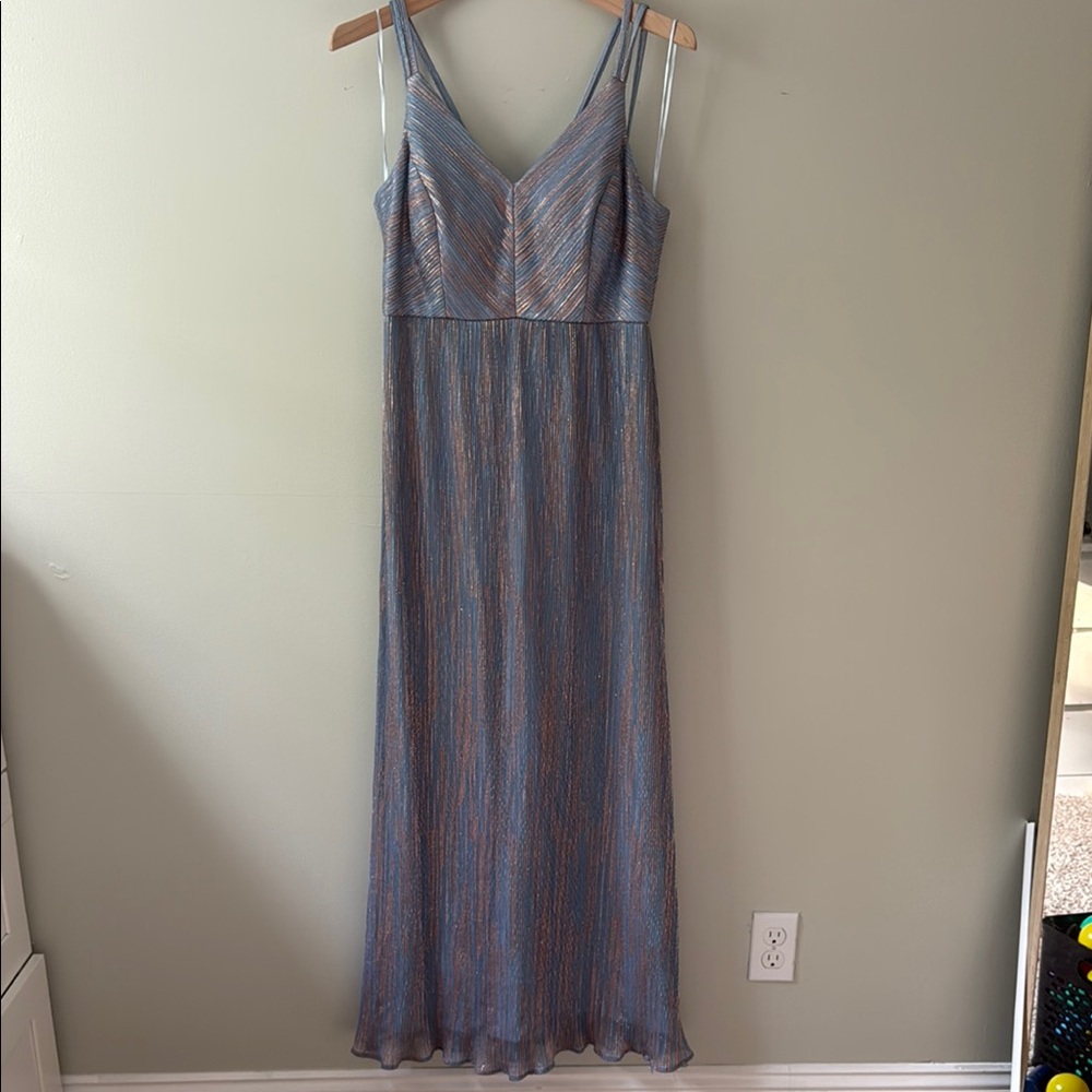 Night Way Collections Blue and Gold Pleated Maxi Gown